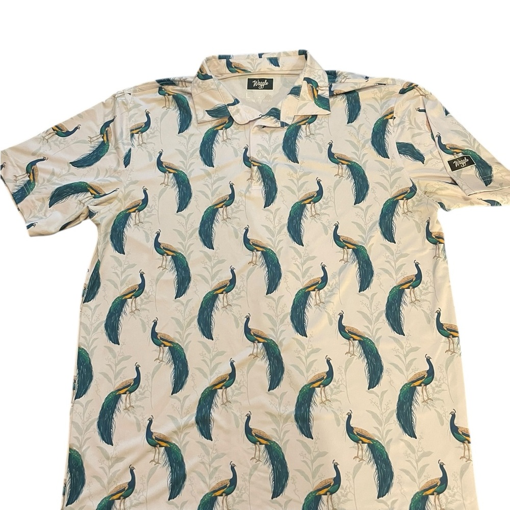 Waggle Men’s large Peacock Print golf Short Sleeve Shirt